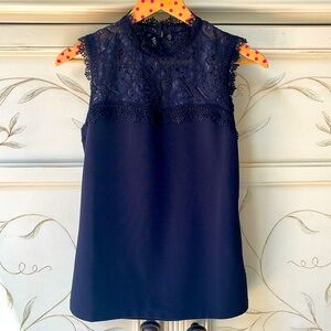 H&M dressy dark navy lace top with solid bottom and gold buttons on neck